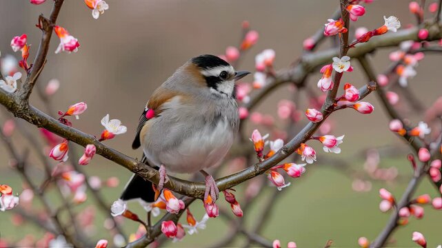 A charming bird perches on a branch among blooming fruit tree flowers, capturing the essence of spring&rsquo;s beauty.
