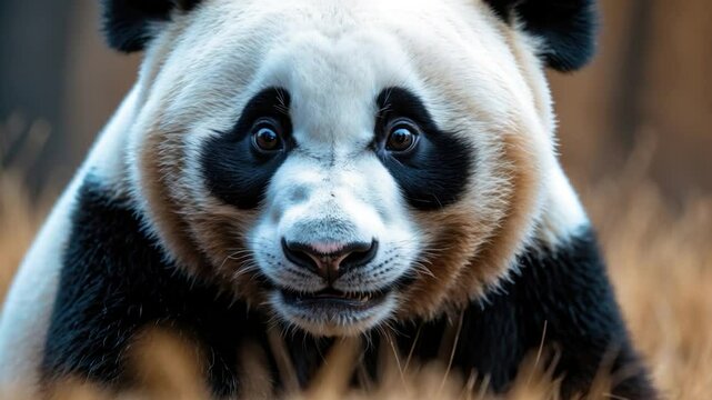 Close-up of a giant panda featuring distinct black and white fur patterns with expressive eyes, set against a backdrop of golden grass, creating a serene and captivating atmosphere.