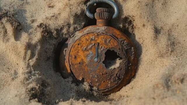 Rusty stopwatch partially buried in sand at a beach, evoking nostalgia and the passage of time