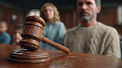 Wooden gavel stands on table in courtroom during trial with judge and family in background