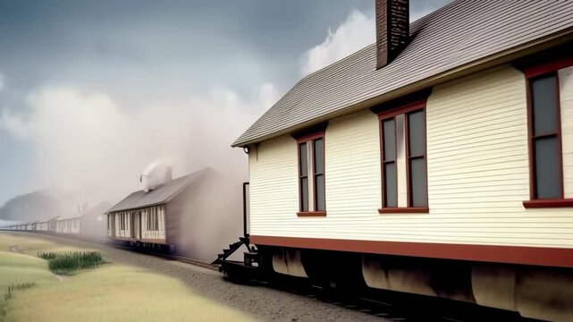 A house-like train travels under a blue sky, steam billowing as it creates a charming, enchanting scene.