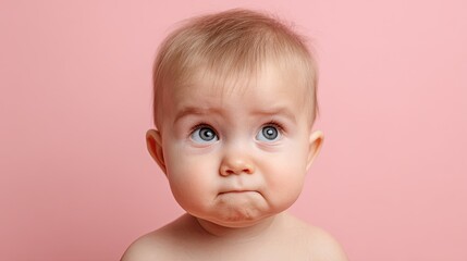 Baby girl making a funny face on pink background