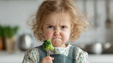 Toddler girl making a funny face while tasting mashed broccoli