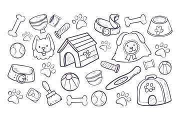 Hand Drawn Dog Accessories and Pet Supplies Doodle Set. Bowls, Bones, Toys, Grooming Items, Paw Prints, Treats, and Dog House Icons vector illustration.