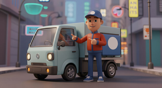 Friendly Delivery Driver Cartoon in Cityscape
