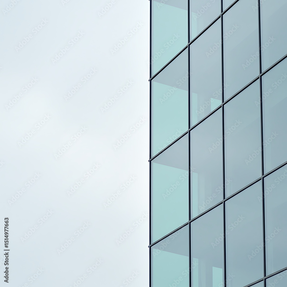 Poster minimalist architectural detail of a modern glass building facade with a grid pattern, reflecting a 