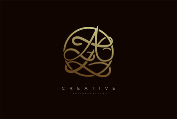 Abstract initial letter AZ calligraphy Logo, Luxury letter AZ in gold circle design, vector illustration