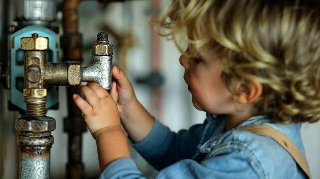 child curiosity during faucet and shelf repair