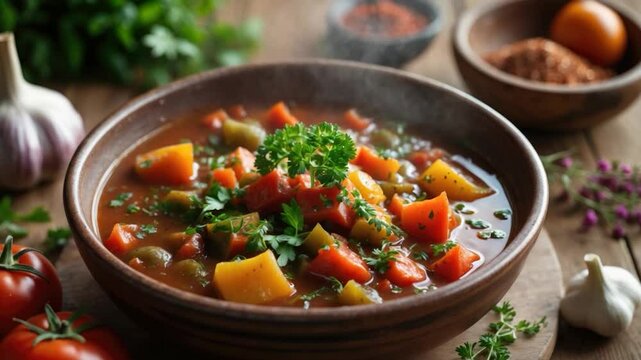 Hearty vegetable soup with vibrant carrots, potatoes, and zucchini, garnished with fresh parsley, accompanied by garlic and ripe tomatoes, creating a warm and inviting meal scene.