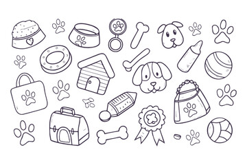 Hand Drawn Dog Accessories and Pet Supplies Doodle Set. Bowls, Bones, Toys, Grooming Items, Paw Prints, Treats, and Dog House Icons vector illustration.