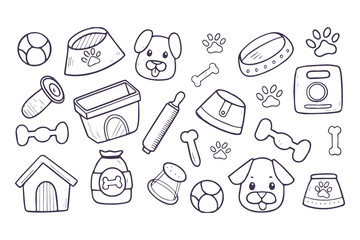 Hand Drawn Dog Accessories and Pet Supplies Doodle Set. Bowls, Bones, Toys, Grooming Items, Paw Prints, Treats, and Dog House Icons vector illustration.