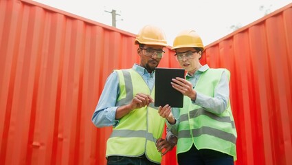 Portrait of young smart caucasian woman worker and African tall man engineer using tablet working...