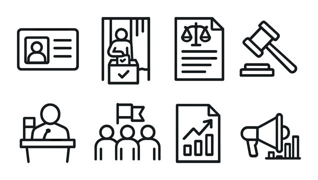 Civil rights outline icons set – law, justice and equality symbols in silhouette style