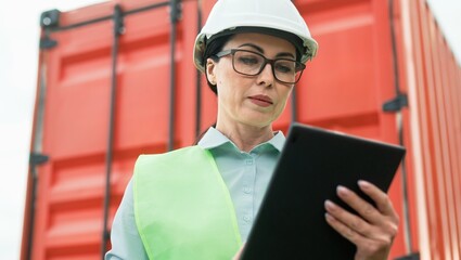 Close-up portrait of beautiful professional female worker of transportation company working on tablet online wearing helmet and glasses. Attractive serious woman in front of red container.