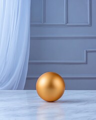 Elegant Golden Sphere on Marble Table with Soft Drapery Background
