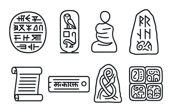 Ancient language silhouette icons set – historic, script, hieroglyph symbols