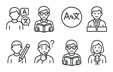 Language learning linear icons set – outline, education and translation symbols