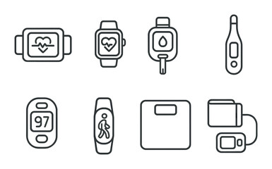 Health monitoring devices icons set – outline, wellness and fitness tools