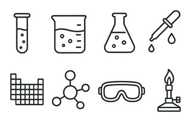 Obraz premium Chemistry equipment outline icons set – lab tools, scientific and laboratory symbols