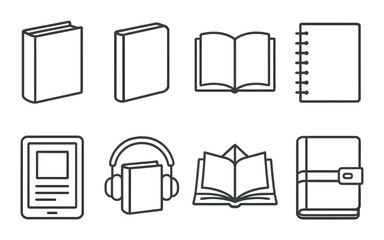 Books and devices outline icons set &ndash; reading, gadgets and digital library symbols