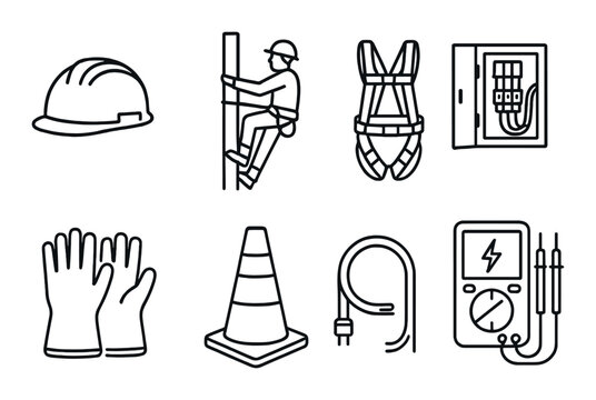 Utility workers silhouette icons set – line art, tools and safety equipment graphics
