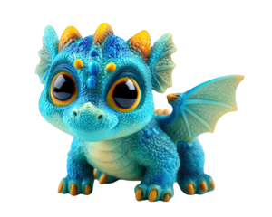 Cute plastic toy dragon with vibrant blue scales and bright orange accents, featuring large expressive eyes and small wings, isolated transparency background. This charming figure is perfect