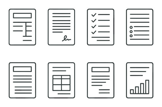Business paperwork silhouette icons set – document, form, and checklist symbols