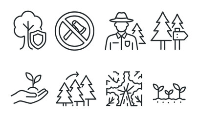 Forest protection outline icons set – conservation, nature safeguarding, eco symbols