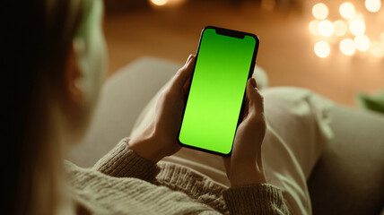 First person view of using smartphone with green screen in cozy room. user seem relaxed and comfortable
