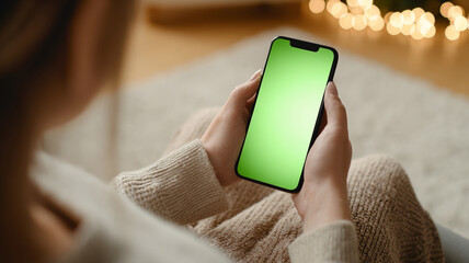 Person relaxes and scrolling on phone with green screen, feeling cozy and enjoying digital content