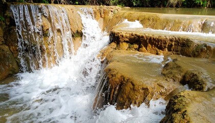 Cascading waters flow over terraced rock formations in a tranquil scene