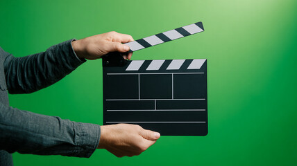 Film slate held up with confidence, signaling start of something exciting, set against vibrant green backdrop