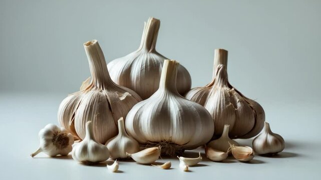 Fresh garlic bulbs featuring various sizes, showcasing smooth, white skins and earthy roots, arranged artistically on a light background, highlighting their natural texture and form.