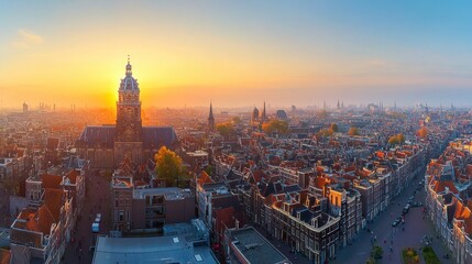 Fototapeta premium Panoramic sunrise view of a European city with historical architecture