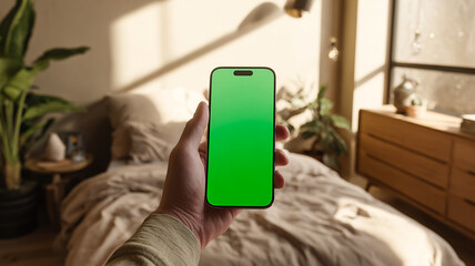 Person holds phone with green screen, hopeful for new app, indoors with daylight and houseplant
