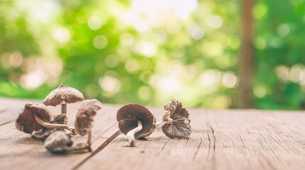Obraz premium Fresh psilocybin mushrooms arranged on wooden surface, showcasing natural textures and organic shapes. Psychedelic and medicinal fungi concept for alternative therapy and wellness.