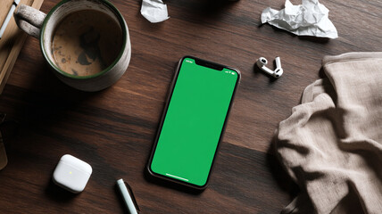 Straight phone rests on wood surface, embodying sense of calmness amidst daily essentials