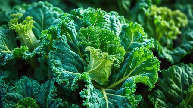 Close-up of vibrant, textured kale leaves showcasing intricate layers and deep green hues against a blurred background, emphasizing the freshness and organic nature of the vegetable.