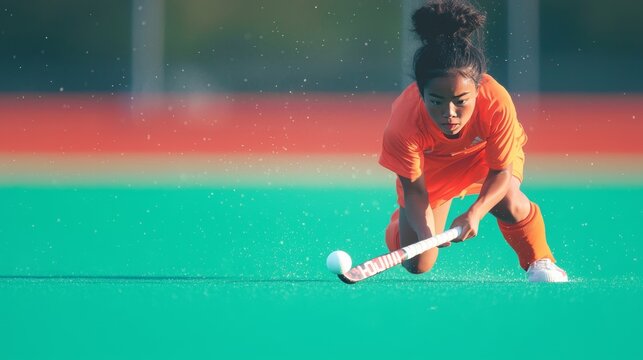 Focused young female field hockey player in action.  Dynamic sports image showcasing skill, determination, and athleticism.