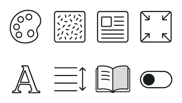 Ebook customization icons set - outline, linear, digital reading and text formatting symbols