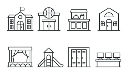 Obraz premium School building line icons set – outline, education facilities and structures