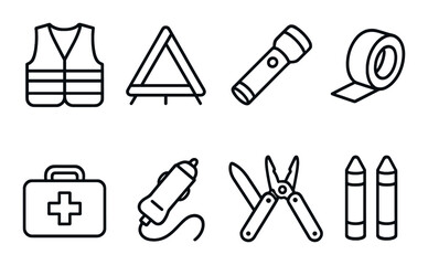 Vehicle emergency essentials icons set &ndash; outline, safety, roadside assistance symbols