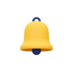 3D rendering of a yellow bell with a blue clapper and handle on a black background. Minimalist design.