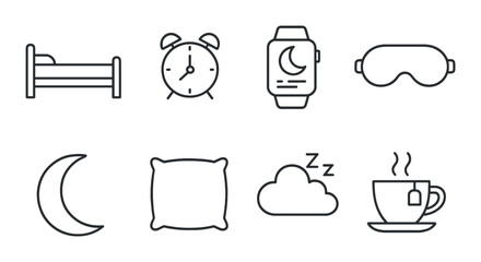 Sleep essentials icons set – outline, rest and bedtime symbols for relaxation