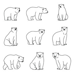Outline Polar Bear Doodles - Arctic Wildlife and Cold Climate Vector Icons Set