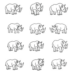 Outline Rhinoceros Doodles - African Wildlife and Safari Animal Vector Icons Set