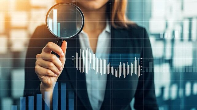 Businesswoman examining data through magnifying glass