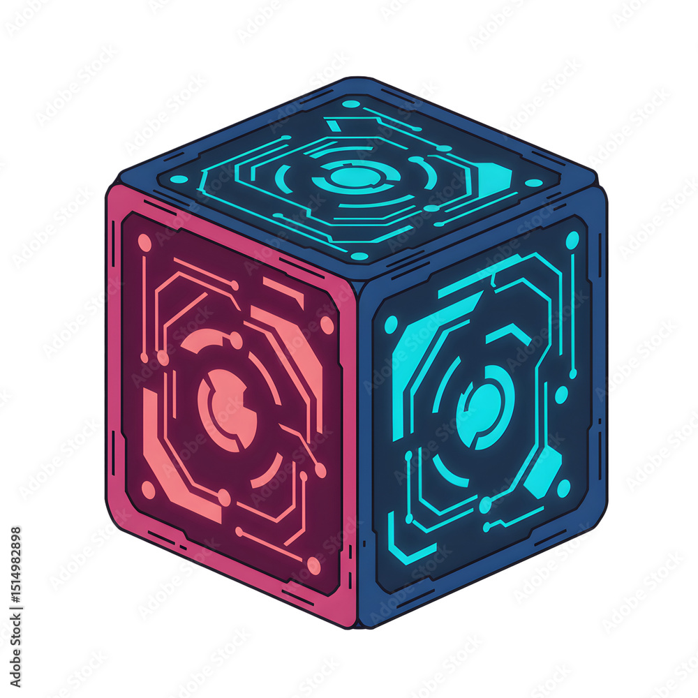Poster isometric view of a glowing tech cube featuring intricate circuit patterns in blue and red on a blac