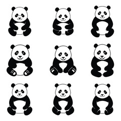 Cute Sitting Panda Bears Black and White - Simple Animal Vector Icons Set