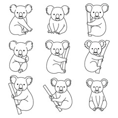 Cute Koala Bears Outline Set - Animal Line Art Vector Icons